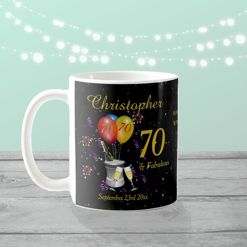 70th Birthday Celebration Sparkling Wine Black Coffee Mug