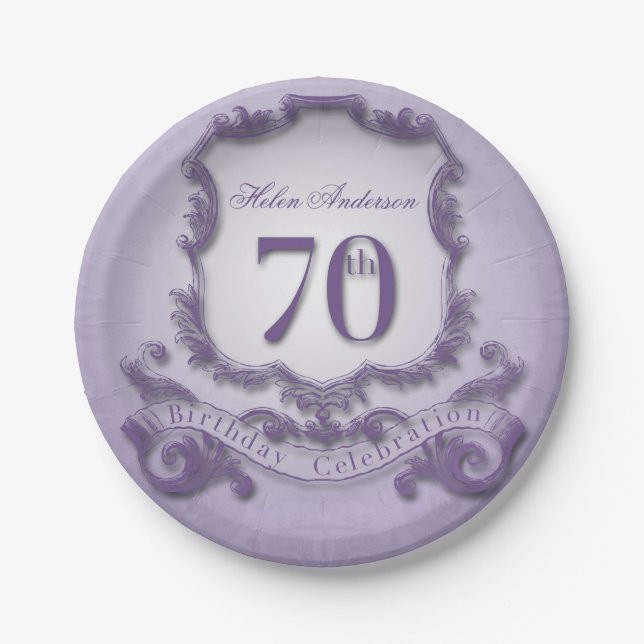 70th Birthday Celebration Vintage Frame Paper Plates (Front)