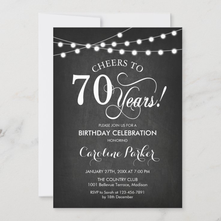 70th Birthday - Chalkboard Black White Invitation | Zazzle
