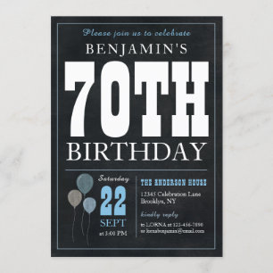 70th Birthday Chalkboard Blue Balloon Rustic Chic Invitation