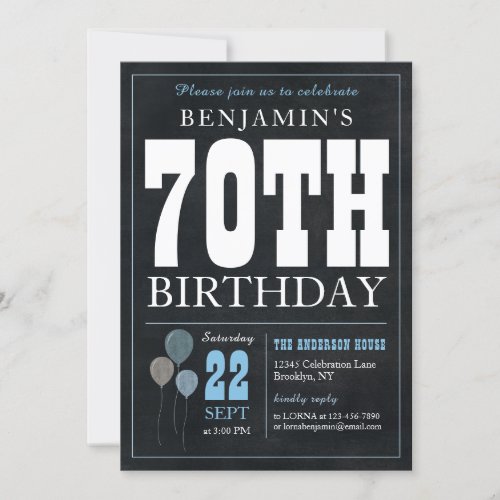 70th Birthday Chalkboard Blue Balloon Rustic Chic Invitation