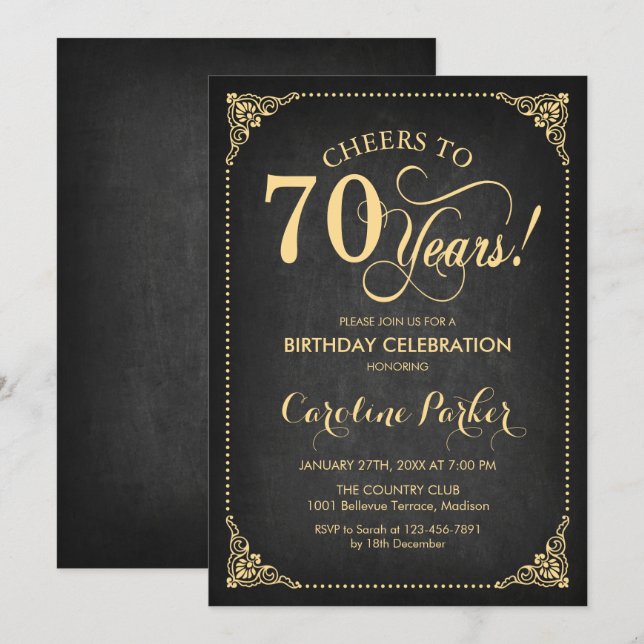 70th Birthday - Chalkboard Gold Invitation (Front/Back)