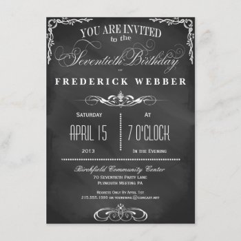 70th Birthday Chalkboard Typography Party Invite by PetitePaperie at Zazzle