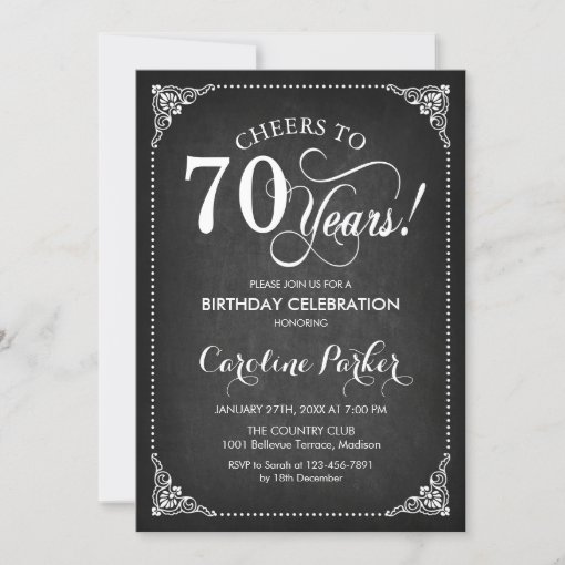 70th Birthday - Chalkboard White Invitation | Zazzle