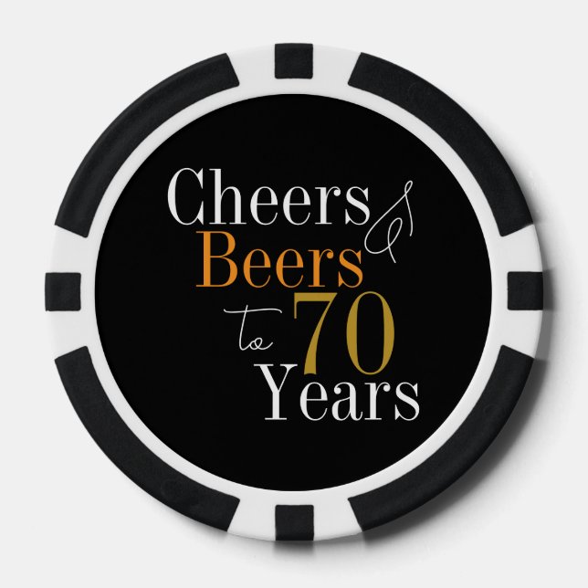 70th Birthday Cheers and Beers Black Gold Party Poker Chips (Front)