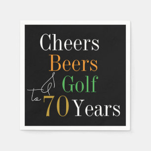 70th Birthday Cheers and Beers Golf Black and Gold Napkins