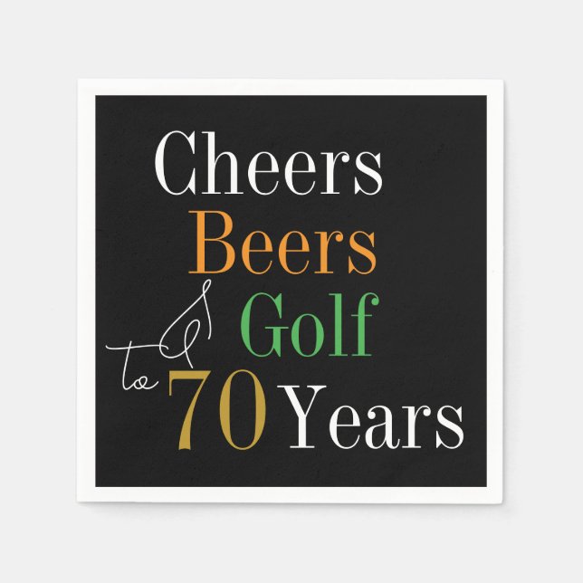 70th Birthday Cheers and Beers Golf Black and Gold Napkins (Front)