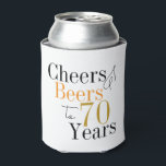 70th Birthday Cheers and Beers Minimal Party Can Cooler<br><div class="desc">This is a cool and modern, 70th birthday, Cheers and Beers to 70 years design. It is a simple, minimal design, in classic black and white, with gold and orange typography. Perfect for a cool and fun, 70th birthday party favor or gift for a 70 year old. This design is...</div>