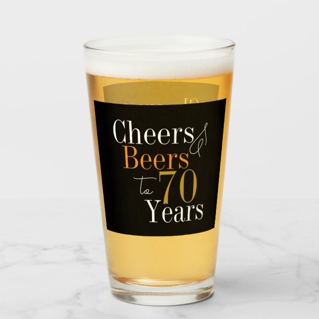 70th Birthday Cheers Beers Black Gold Party Favor  Glass (Front Filled)
