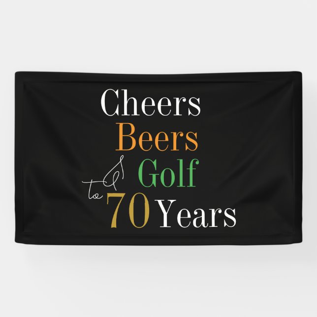70th Birthday Cheers Beers Golf Black Gold Party Banner (Horizontal)