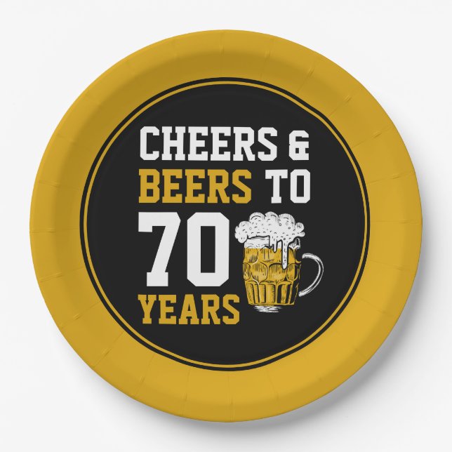 70th Birthday Cheers & Beers to 70 Years Funny Paper Plates (Front)