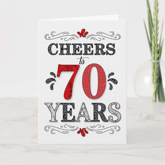 70th Birthday Cheers in Red White Black Pattern Card (Front)