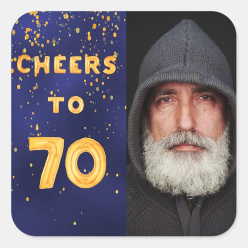 70th birthday cheers to 70 gold balloon text blue square sticker