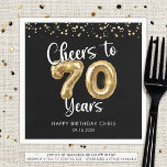 70th Birthday Cheers to 70 Years Black Gold Napkins<br><div class="desc">Celebrate a 70th birthday for him or her with these modern and festive personalized party paper napkins featuring the title CHEERS TO 70 YEARS with faux metallic gold balloon numbers and script typography, gold confetti and your custom text in your choice of background color (shown in black). ASSISTANCE: For help...</div>