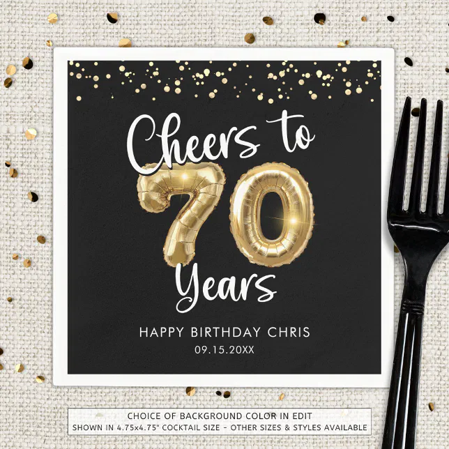 70th Birthday Cheers to 70 Years Black Gold Napkins | Zazzle