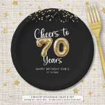70th Birthday Cheers to 70 Years Black Gold Paper Paper Plates<br><div class="desc">Celebrate a 70th birthday for him or her with these modern and festive personalized party paper plates featuring the title CHEERS TO 70 YEARS with faux metallic gold balloon numbers and script typography, gold confetti and your custom text in your choice of background color (shown in black). ASSISTANCE: For help...</div>