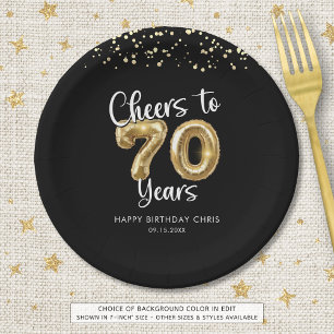 70th Birthday Cheers to 70 Years Black Gold Paper Plates