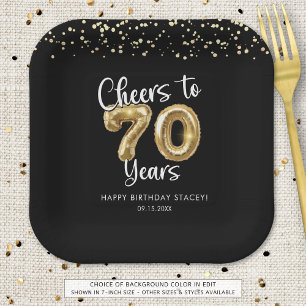 70th Birthday Cheers to 70 Years Black Gold Paper Plates