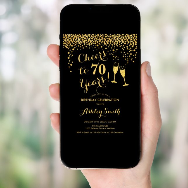 70th Birthday - Cheers To 70 Years Gold Black Invitation (Front Digital)