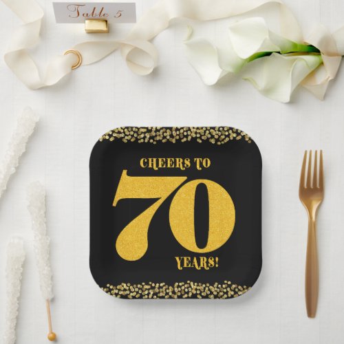 70th Birthday Cheers to 70 Years Gold Glitter  Paper Plates