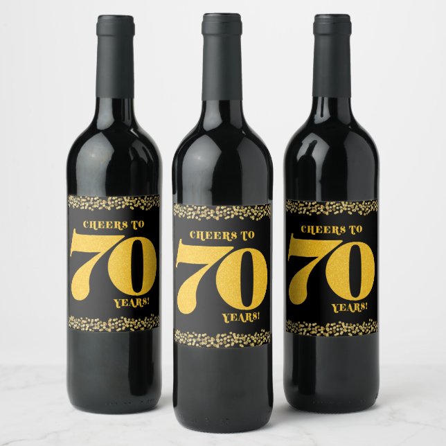 70th Birthday Cheers to 70 Years Gold Glitter  Wine Label (Bottles)