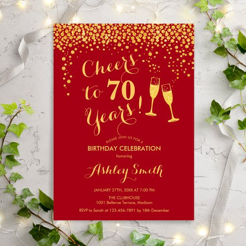 70th Birthday _ Cheers To 70 Years Gold Red Invitation