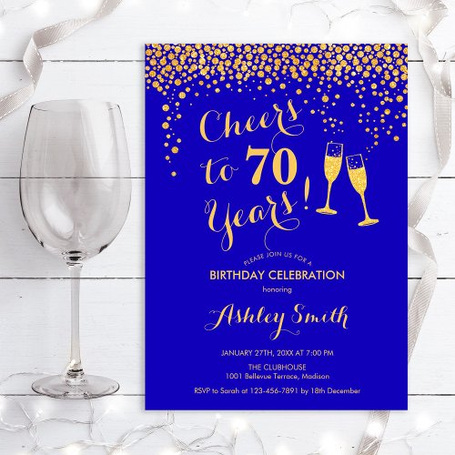 70th Birthday _ Cheers To 70 Years Gold Royal Blue Invitation