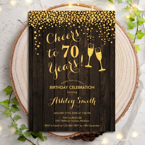 70th Birthday _ Cheers To 70 Years Gold Wood Invitation