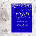 70th Birthday - Cheers To 70 Years Royal Blue Invitation<br><div class="desc">70th Birthday Invitation. Cheers To 70 Years! Elegant design in royal blue,  white and silver. Features champagne glasses,  script font and confetti. Perfect for a stylish seventieth birthday party. Personalize with your own details. Can be customized to show any age.</div>