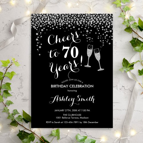 70th Birthday _ Cheers To 70 Years Silver Black Invitation