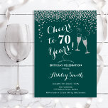 70th Birthday - Cheers To 70 Years Silver Green Invitation<br><div class="desc">70th Birthday Invitation. Cheers To 70 Years! Elegant design in green,  white and silver. Features champagne glasses,  script font and confetti. Perfect for a stylish seventieth birthday party. Personalize with your own details. Can be customized to show any age.</div>