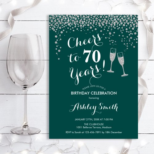 70th Birthday _ Cheers To 70 Years Silver Green Invitation