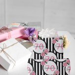 70th birthday chic pink roses black white stripes wrapping paper<br><div class="desc">Classic slim black and white vertical stripes as background. With girly, feminine and romantic pink roses as decoration. Perfect for an elegant 70th birthday party for her. White and black frames with templates for name and age. Age number 70 in pink, name and date in black. The name is written...</div>