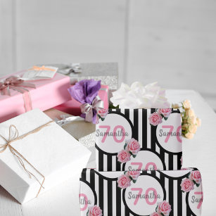 70th birthday chic pink roses black white stripes wrapping paper