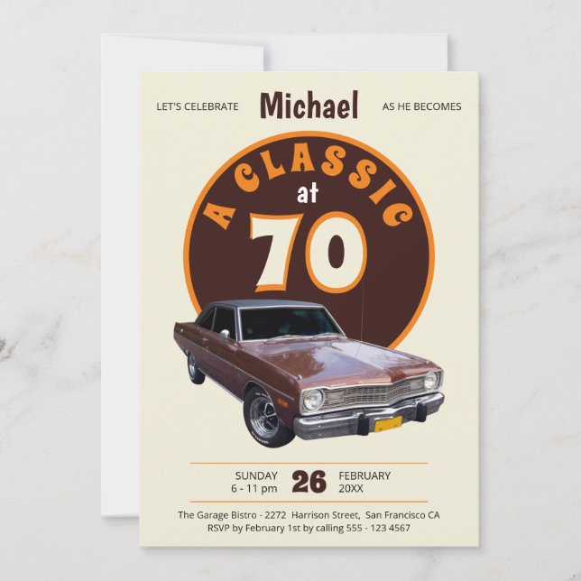 70th Birthday Classic Car Fun Retro Vintage Custom Invitation (Front)