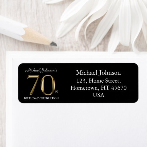 70th Birthday Classy Black Solid Gold Text Address Label