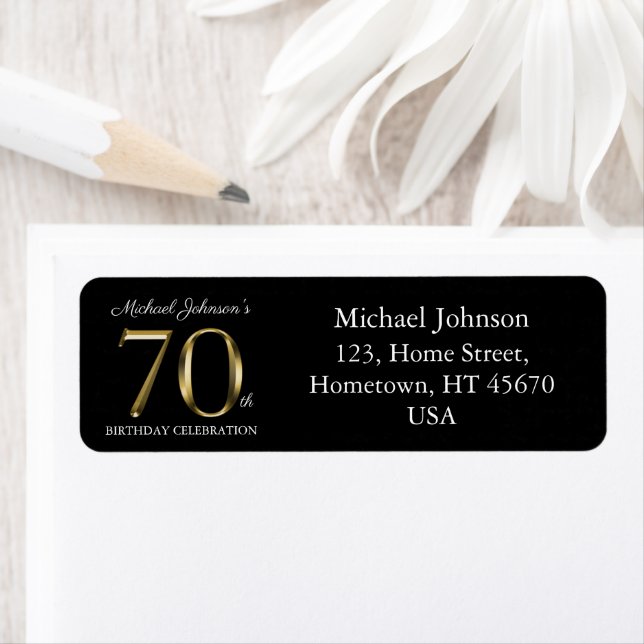 70th Birthday Classy Black Solid Gold Text Address Label (Insitu)