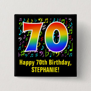 70th Birthday: Colorful Music Symbols, Rainbow 70 Button