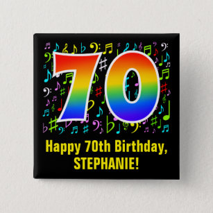 70th Birthday: Colorful Music Symbols, Rainbow 70 Button
