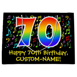70th Birthday - Colorful Music Symbols, Rainbow 70 Large Gift Bag