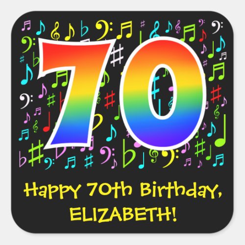 70th Birthday Colorful Music Symbols Rainbow 70 Square Sticker