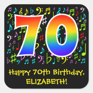 70th Birthday: Colorful Music Symbols, Rainbow 70 Square Sticker