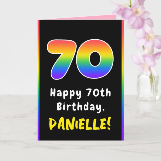 70th Birthday: Colorful Rainbow # 70, Custom Name Card (Orchid)