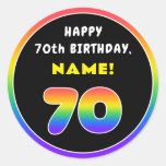 [ Thumbnail: 70th Birthday: Colorful Rainbow # 70, Custom Name Round Sticker ]