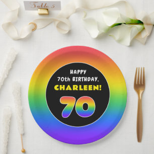 70th Birthday: Colorful Rainbow # 70, Custom Name Paper Plates