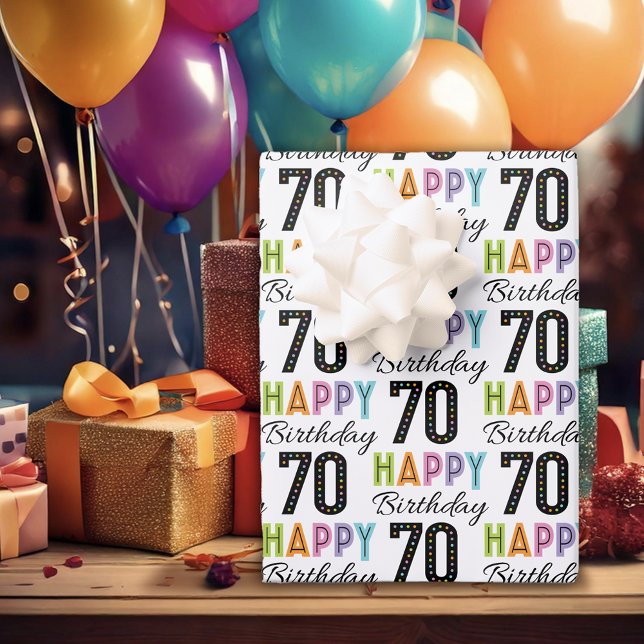 70th Birthday Colorful Typography  Wrapping Paper (Creator Uploaded)