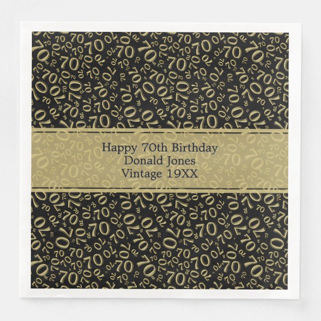 70th Birthday Cool Number Pattern Gold/Black Paper Dinner Napkins (Front)
