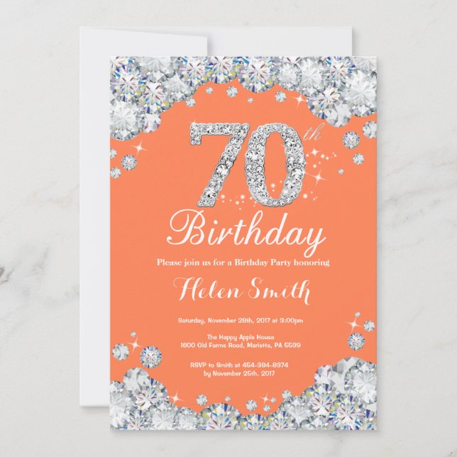 70th Birthday Coral and Silver Diamond Invitation (Front)