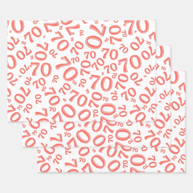 70th Birthday Coral & White Number Pattern 70 Wrap Wrapping Paper Sheets (Set)