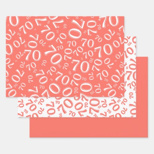 70th Birthday Coral  White Number Pattern 70 Wrapping Paper Sheets